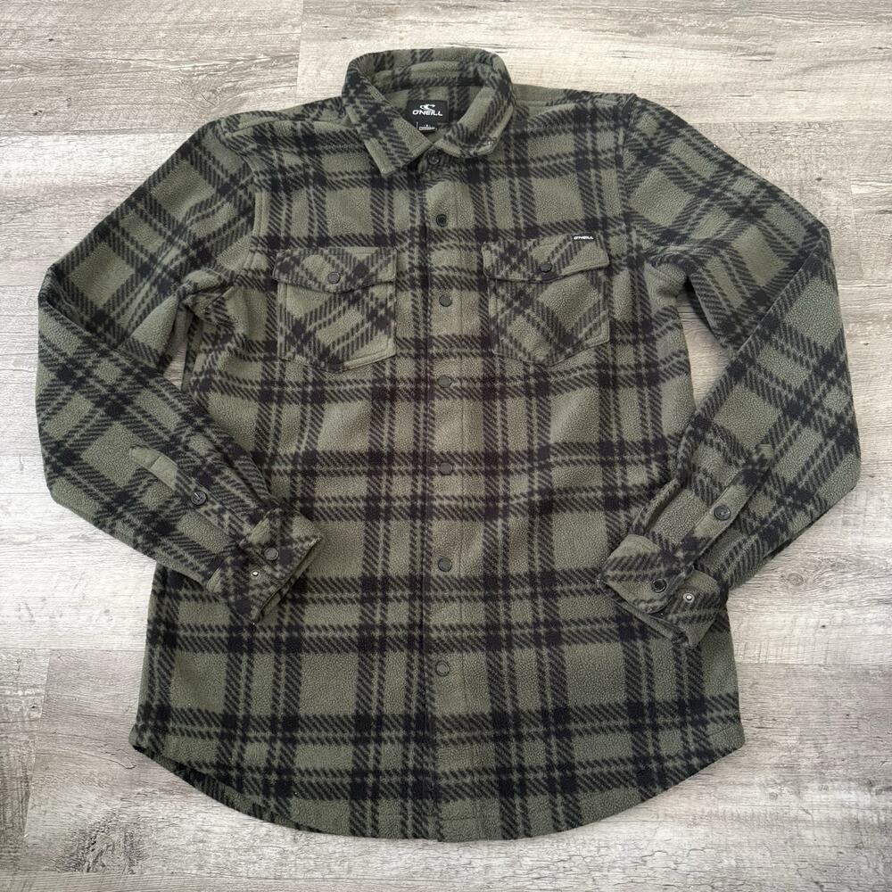 ONeill Superfleece Jacket Mens Small Green Black Plaid Shirt Snap Front Pockets